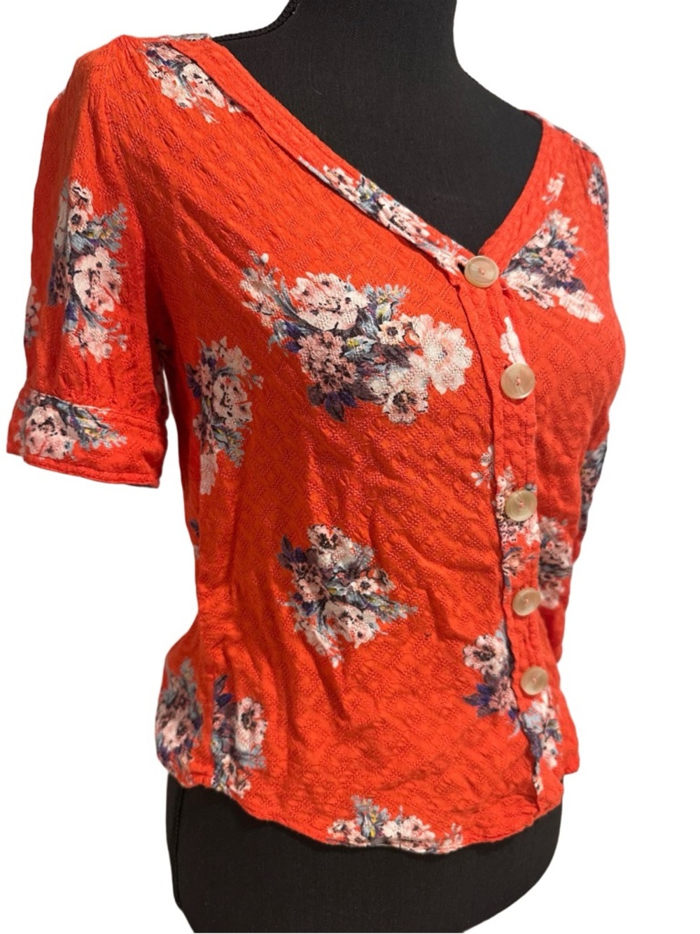 Anthropologie Maeve Hansley Orange Textured Floral V-Neck Button-Down Blouse GUC - Picture 7 of 16